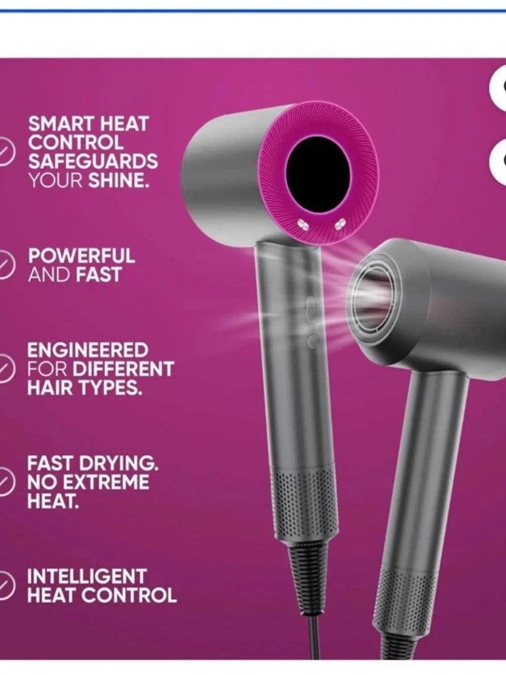Compact, Lightweight, Temperature Control Hair Dryer with Attachment
